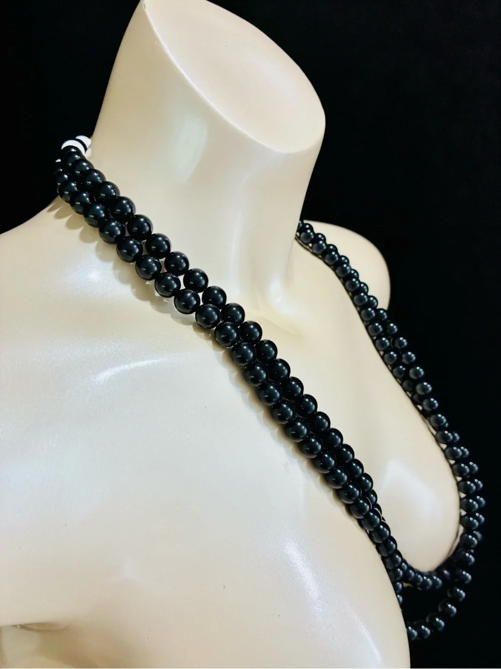 VTG 80s Black and White Beaded Layered Necklace with Gold Enamel Security Clasp